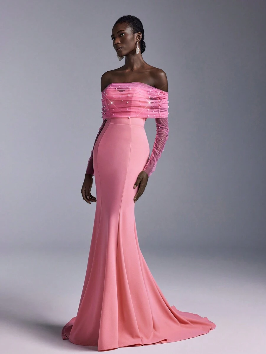 Elitara Váy cưới dài tay chữ A rộng lưng khoét sâu bằng vải satin trắng thanh lịch lãng mạn, trang trí xích mỏng, váy cưới đơn giản, cô dâu - Màu Hồng Tươi - Xem 1