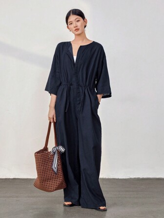 Dazy-Less Casual Loose Drawstring Cinched Waist Waist Short Sleeve Jumpsuit For Women Old Money Style Linen