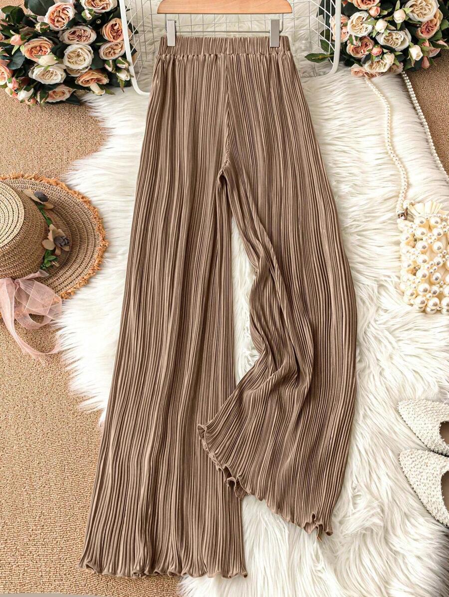 SHEIN PETITE Women's Casual Khaki Pleated Elastic Waist Wide Leg Pants, Spring/Summer Fall Cloth For Women - Khaki - View 1