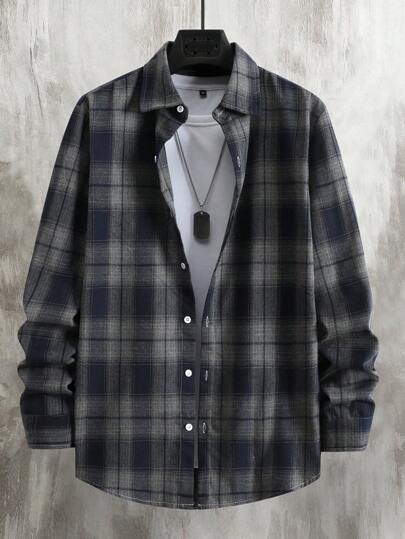 Manfinity Homme Men's Casual Versatile Plaid Long Sleeve Shirt, Fall