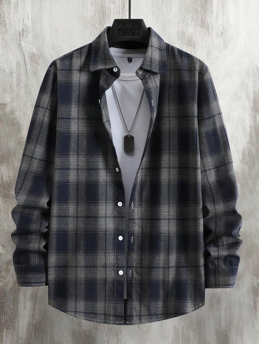 Manfinity Homme Men's Casual Versatile Plaid Long Sleeve Shirt, Fall