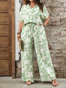 Breezaya Plus Size Women Floral Print Tie Front Shirt & Wide Leg Pants Two-Piece Set, Summer, Boho