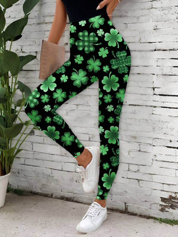 SHEIN LUNE Leggings casuales de mujer con estampado de trébol de cuatro hojas para el Día de San Patricio, adecuados para otoño e invierno