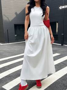 SHEIN Teen Girl Minimalist Sleeveless White Tank Dress, Cinched Waist French Design Long Dress, Suitable For Various Occasions Like Casual Outings, Campus Life And Gatherings, Showing Different Stylish Charm