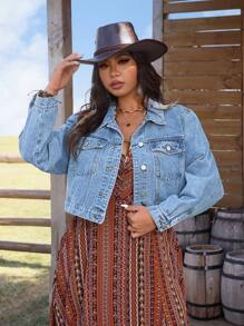 SHEIN LUNE Plus Size Women Single Breasted Long Sleeve Casual Denim Jacket - Light Wash - View 1
