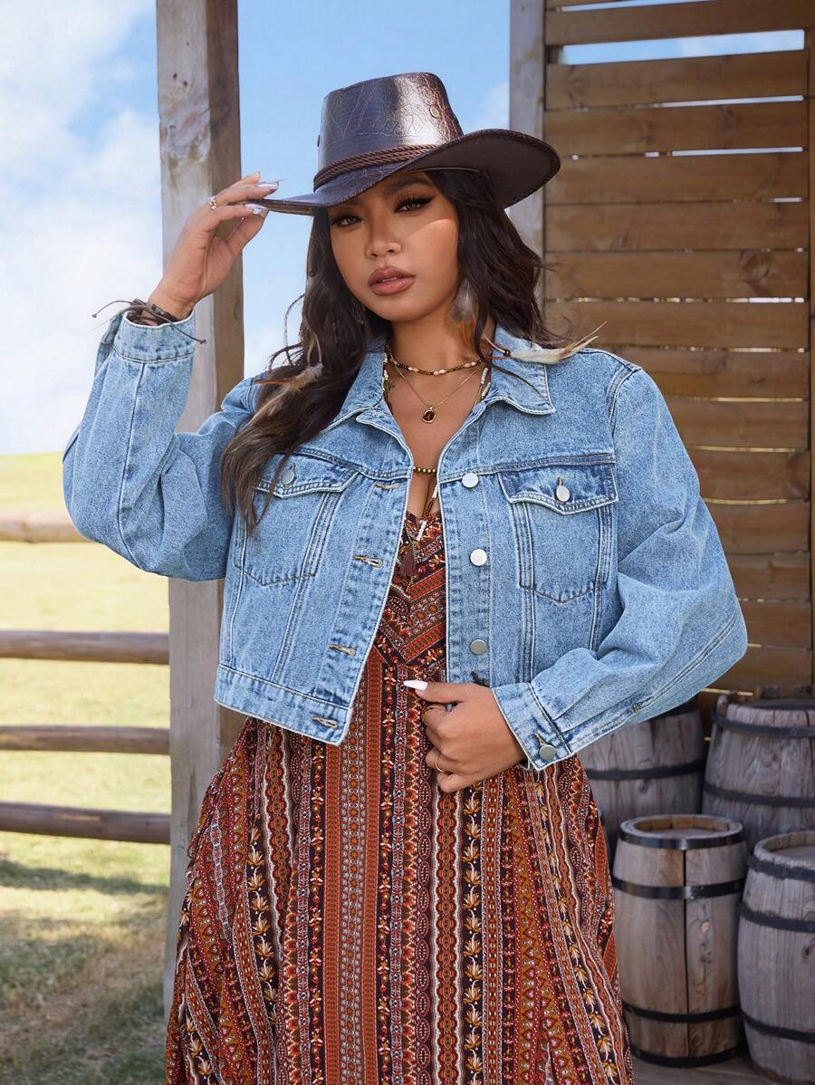 SHEIN LUNE Plus Size Women Single Breasted Long Sleeve Casual Denim Jacket - Light Wash - View 1