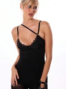 MUSERA Slinky Strappy Lace Insert Unitard Sexy Club Spring Summer Vacation Elegant - Pink - View 4