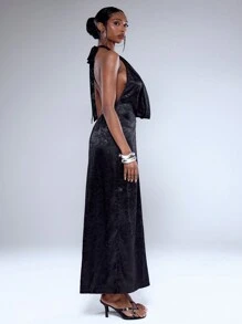 MUSERA 东方提花缎面超大围脖挂脖长裙优雅春夏假期 - 黑色 - 查看 4