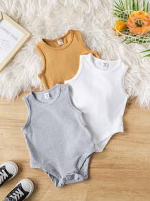 SHEIN Leap Crew 3pcs Set Baby Boys Bodysuit, Sleeveless Solid Color Knitted Open Crotch Bodysuit - Multicolor - View 4