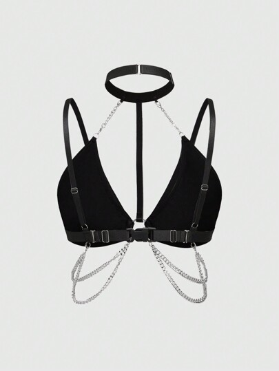 Grunge Punk Punk Style Backpack Hook With Metal Chain Triangle Cup Lingerie Bra