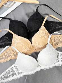 3pcs French Lace Padded Push-Up Bras With Underwire, Thin On Top Thick On Bottom Design To Enhance Petite Bust Lingerie - Multicolor - View 8