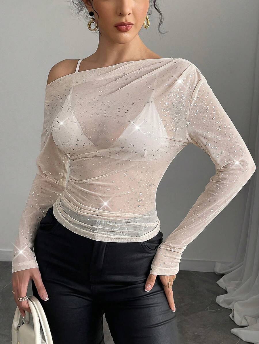 Chiquease Women Sequined Glamorous Sexy Blouse - Apricot - View 1