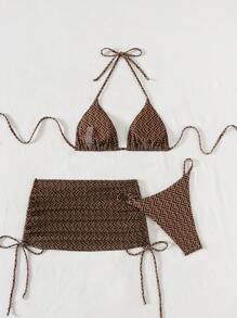 Swim SXY Springbreak Women's Summer Beach 3-Piece Set: Geometric Printed Triangle Halter Bikini And Beach Skirt, Festival Boho - Coffee Brown - View 7