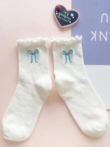 SV Pattern Studio Artist Y2K Embroidered Blue Bow Mid-Calf Socks For Women - Multicolor - View 2