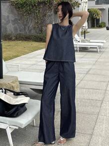 DAZY Washed Slit Vest And Wide Leg Jeans Women Denim 2pcs Suit Vacation Outfits Women - Dark Wash - View 8