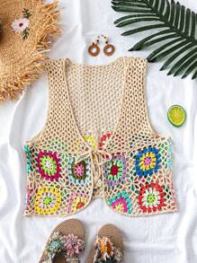 Breezaya Women's Floral Pattern Hollow Front Tie Up Sweater Vest For Beach Holiday - Apricot - View 1