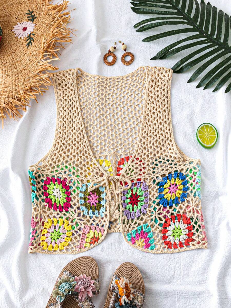 Breezaya Women's Floral Pattern Hollow Front Tie Up Sweater Vest For Beach Holiday - Apricot - View 1