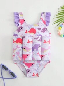 SHEIN Baby Mädchen Cartoon Fisch Muster Rüschenbesatz Carmen-Ausschnitt süßer Einteiler Badeanzug für Strandurlaub