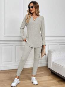 SHEIN LUNE 2 件套女士长袖 T 恤和紧身打底裤，毛茸茸罗纹粉色两件套，秋冬 - 杏色 - 查看 5