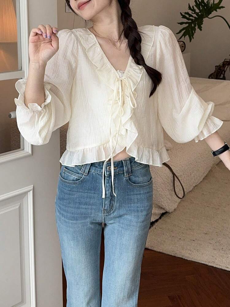 Women Casual Ruffle Detail Long Sleeve Blouse Summer,Fall Clothes
