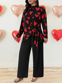 Calvaya Plus Size Valentine's Day Heart Shaped 2pcs Casual Outfit Set - Multicolor - View 3