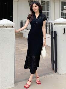 DAZY 女式纽扣半襟鱼尾下摆纯色蕾丝中长连衣裙夏季荷叶边 - 黑色 - 查看 10