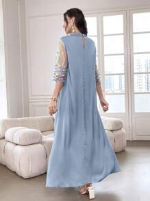 SHEIN Najma 女士立领闪亮花卉网眼短袖优雅长袍连衣裙、短袖 Jalabiya 连衣裙、宽松长裙、优雅晚会长裙 - 淺藍色 - 查看 2