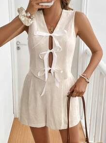 SHEIN Frenchy Set de 2 piezas para mujer con chaleco sin mangas de unicolor con lazo y shorts, ideal para uso diario. Conjunto de chaqueta fina con lazo y shorts casuales a juego, en estilo colorblock, apropiado para primavera, verano y otoño, para vacaciones francesas o atuendos de uso diario.