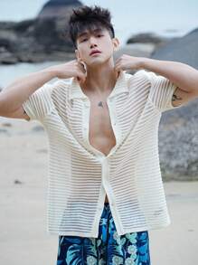 DAZY Summer Men's White Ribbed Knit Vacation Pullover - White - View 3