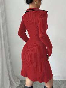 Elenzga Ribbed Collar A-Line Women Sweater Dress Fall Cloth For Women - Multicolor - View 2