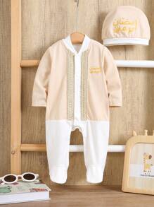SHEIN 2pcs Newborn Baby Boy Spring/Summer Adorable Fancy Knit Color Block Long Sleeve Jumpsuit With Hat, Suitable For Birthday Party, Evening Party, Performance, Wedding, Month Celebration, Christening And First Birthday - Multicolor - View 3