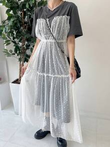 FRIFUL 女式宽松波尔卡圆点图案蕾丝拼布长款T恤连衣裙，荷叶边 - 灰色 - 查看 3