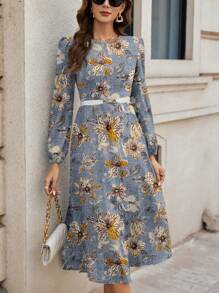 SHEIN Clasi Casual Vintage Floral Pattern Round Neck Long Sleeve Dress, Suitable For Spring And Autumn Chic Dress
