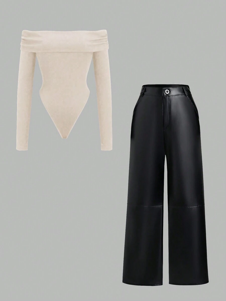 SHEIN Unity 两件套露肩长袖紧身衣和 PU 皮休闲裤 - 彩色 - 查看 1