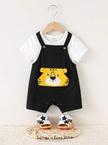 Cozy Pixies Baby Boy Cartoon Lion Pattern Soft Knitted Bib Strap Romper & Shorts Set