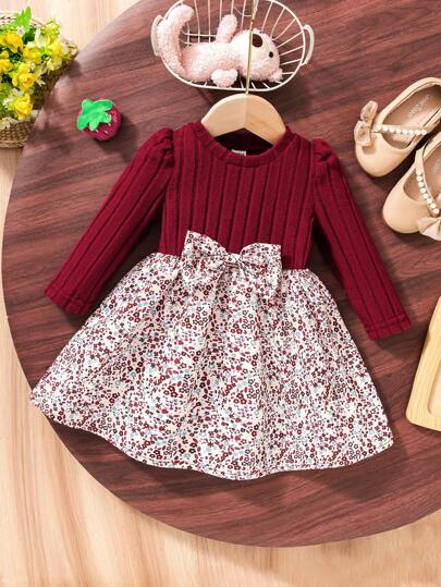 SHEIN Vintaside Kids 女宝宝休闲碎花长袖罗纹针织连衣裙，秋季