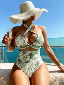 SHEIN Swim Traje de baño de una pieza con estampado de palmera tropical en jacquard de punto, con cuello halter y espalda descubierta, estilo bohemio para playa y festivales de verano