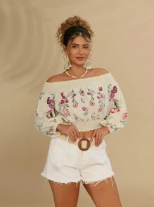 SHEIN VCAY Hơn In hoa Off Shoulder Tay áo lồng đèn Áo sơ mi - Màu be - Xem 5