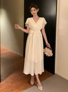 DAZY Women's Cross Fold Ruched Waist Mid-Length Dress Prom Dress Elegant Women Dresses Maxi Dress - Beige - View 4