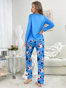 可爱卡通奶牛印花女士睡衣套装，秋冬舒适优雅细节