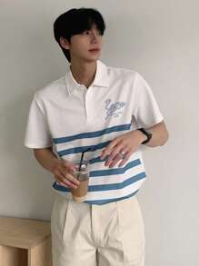 DAZY Summer Men's Abstract Letter Printed Striped Polo Shirt - Blue and White - View 6