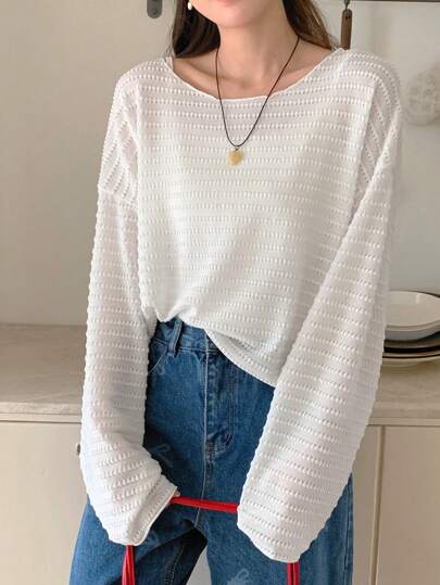 DAZY 女士纹理半透明长袖上衣，纯色休闲基本款 T 恤，秋季女装