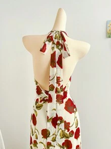 Soleia New Spring/Summer Backless Rose Floral Print Long Elastic Mesh Dress, With Halter,Western Wear Women,Festival,Boho ,Bohemian - Multicolor - View 4