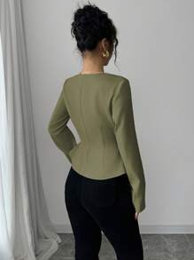 Elenzga Women's French Elegant Olive Green Blouse,Fall Winter Office Commute Square Trapeze Collar Front Button Waistline A-Line Long Sleeve Fall Cloth - Army Green - View 2