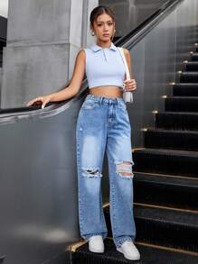2pcs Teenage Girls Sleeveless Collared Crop Top & Straight Leg Ripped Jeans, Excluding Accessories - Blue - View 4