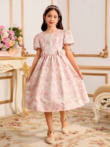 Tween Girls Elegant Jacquard Dress With Bow Decor, Suitable For Party And Events - Pink - View 1