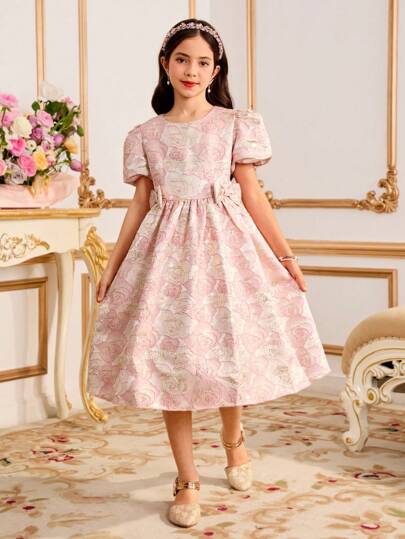 Vestido elegante de jacquard con decoración de moño para niñas preadolescentes, adecuado para fiestas y eventos