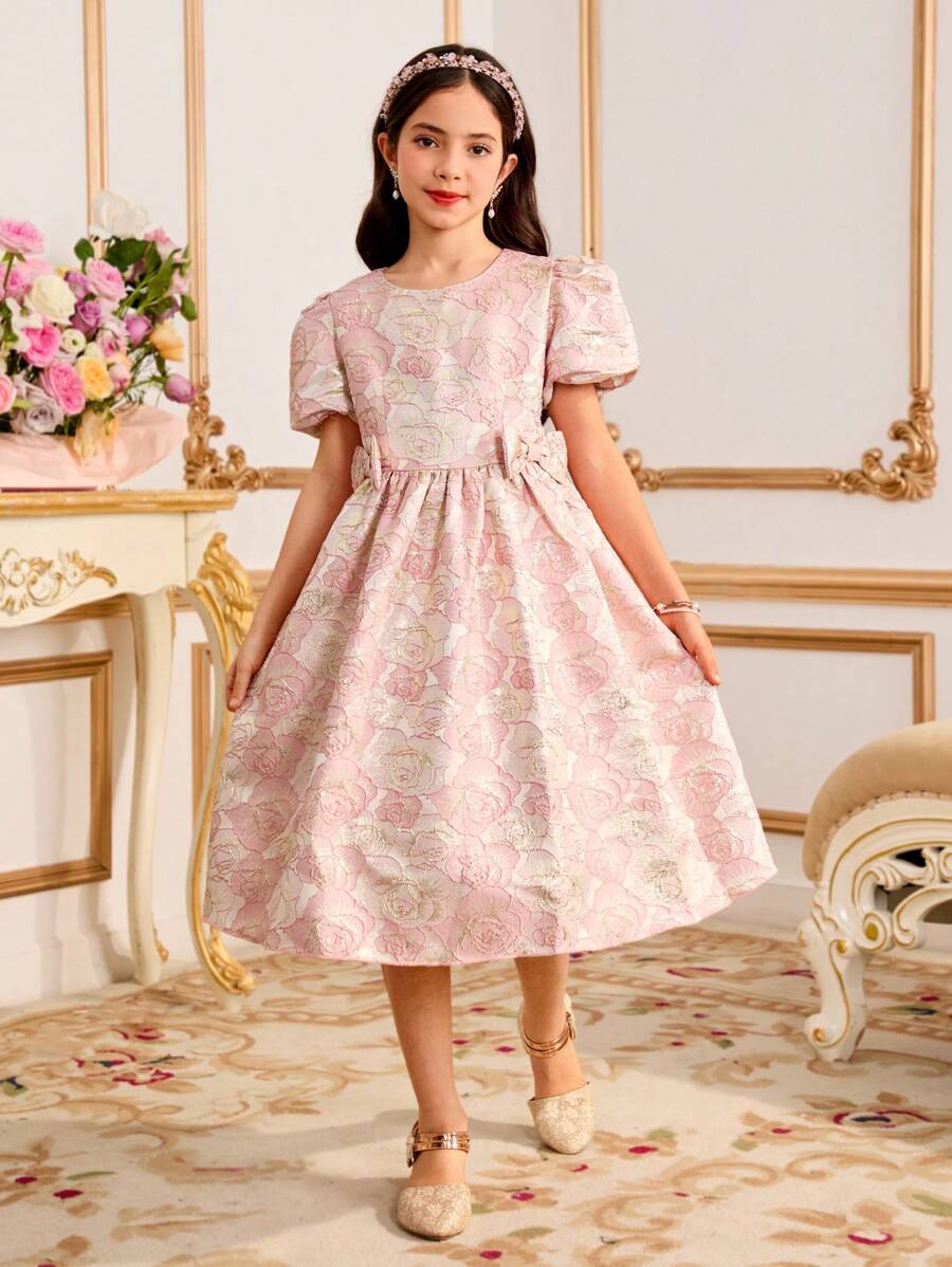 Tween Girls Elegant Jacquard Dress With Bow Decor, Suitable For Party And Events - Pink - View 1
