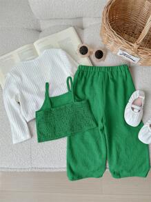 SHEIN LMoss Kids Ensemble de 3 pièces pour bébé fille : veste tricotée mignonne à manches longues, débardeur unicolore et pantalon long - Vert - Voir 2