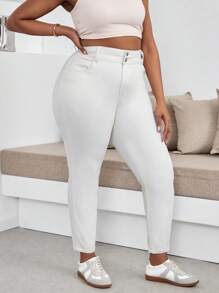 SHEIN Essnce Plus Size Simple Plain Denim Jeans, Casual For Everyday Wear - White - View 5